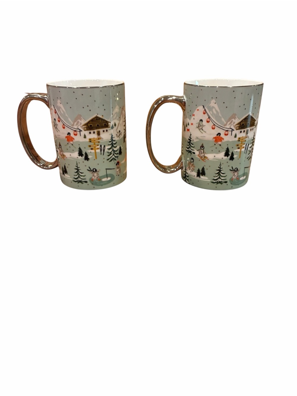 2 Rifle Paper Co. Penguin Village Porcelain Mugs Winter Scene Penguin Skiing